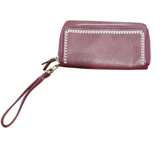 Burgundy Pebbled Faux Leather Zip Wallet Embroidered Wristlet Card Organizer - Picture 3 of 7